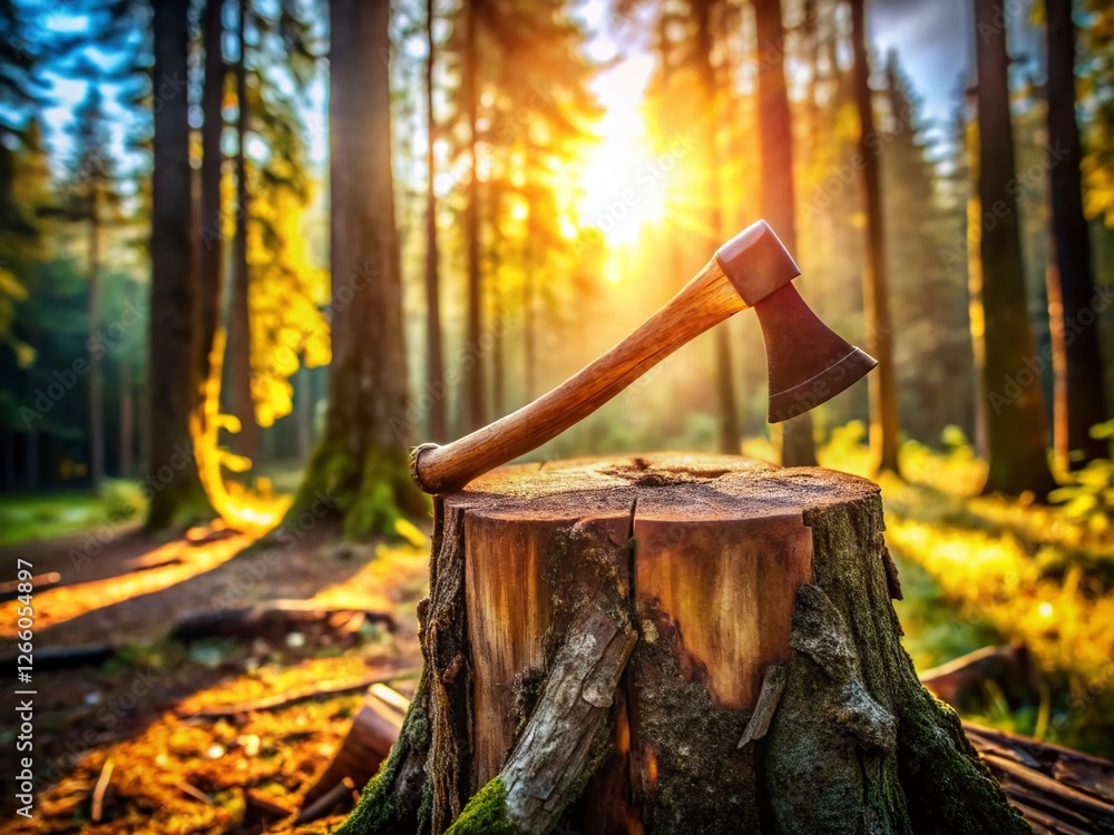 Poster rustic old rusty axe embedded in stump, forest background - long exposure stock photo