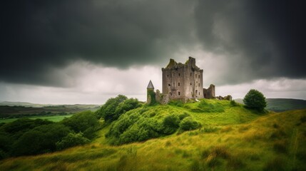 Fototapeta premium Medieval castle ruins on a hill with dark clouds overhead in a lush green landscape during early afternoon