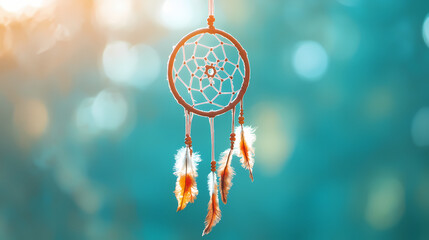 Dream catcher hanging on a teal wall in bright sunlight. generative ai. Owl-Like Watchers. Illustration