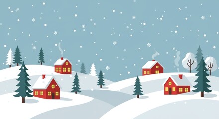 Fototapeta premium A charming flat illustration of a winter landscape with small cozy houses nestled among snowy hills and snowflakes gently fall from the sky