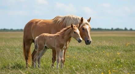 Fototapeta premium Adorable Baby Horse with Mother in Pasture – Heartwarming Bond Between Mare and Foal in Natural Setting