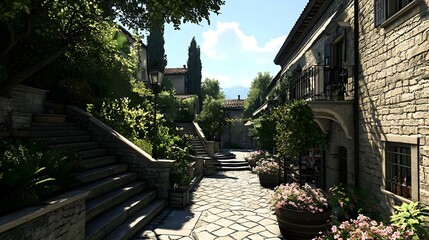 Fototapeta premium Sunlit Stone Alley In A Picturesque Italian Village