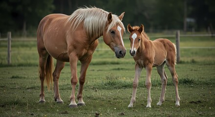 Obraz premium Adorable Baby Horse with Mother in Pasture – Heartwarming Bond Between Mare and Foal in Natural Setting