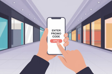 Hand holding smartphone displaying enter promo code screen in mall