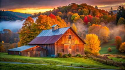 Rustic Vermont Barn, Autumn Foliage, Low Light Photography