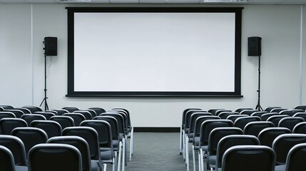 Office training room with projection screen whiteboard and comfortable chairs for an interactive session