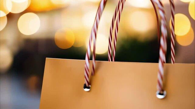 A brown shopping bag with twisted string handles against a blurred, colorful background of lights.