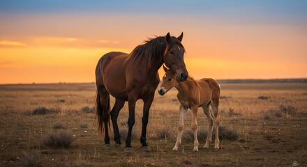 Obraz premium Adorable Baby Horse with Mother in Pasture – Heartwarming Bond Between Mare and Foal in Natural Setting