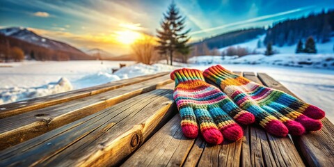 Rustic Winter Gloves: Snowy Landscape & Warm Wooden Texture Stock Photo