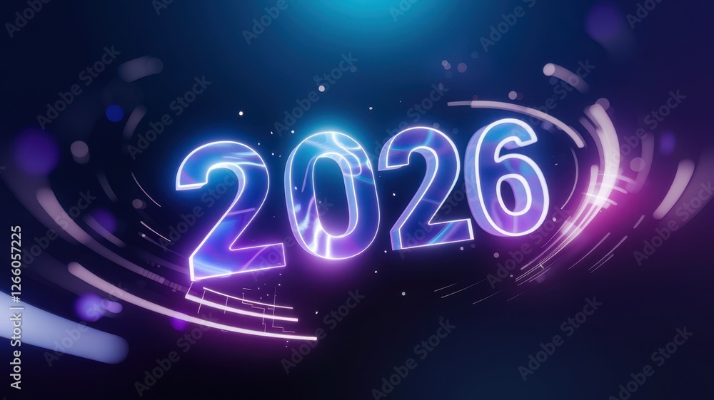 Poster bright and vibrant 2026 text with glowing effects and dynamic background