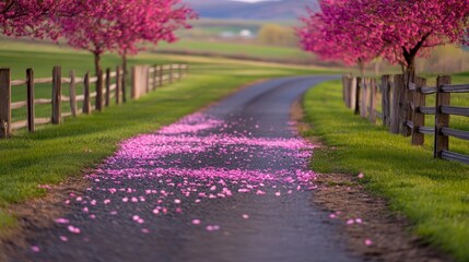 Serene country road lined with blooming cherry trees and scattered pink petals in spring