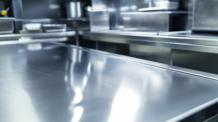 Stainless steel kitchen workspace showing cleanliness and readiness for food preparation in a professional setting. Generative AI