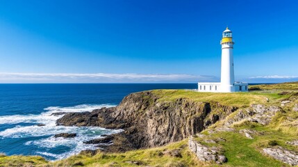 Fototapeta premium Scenic view of a lighthouse on a rugged coast with waves crashing against the rocks