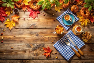Fototapeta premium Rustic Wooden Picnic Table Oktoberfest Dinner Aerial View