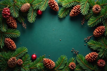 Fototapeta premium Deep green fir branches, abundant pine cones, rustic Christmas background , element, festive, decoration