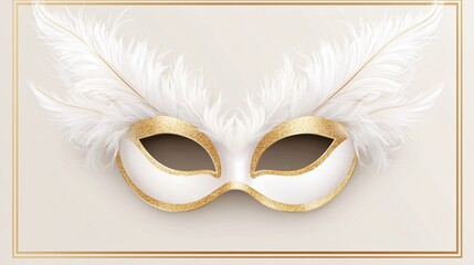 Elegant White Feather Mask with Gold Accents on a Neutral Background
