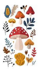 Colorful mushrooms nestling among autumn leaves and berries, capturing woodland warmth with whimsical seasonal illustration