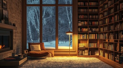 Cozy room with fireplace and bookshelf overlooking a winter scene