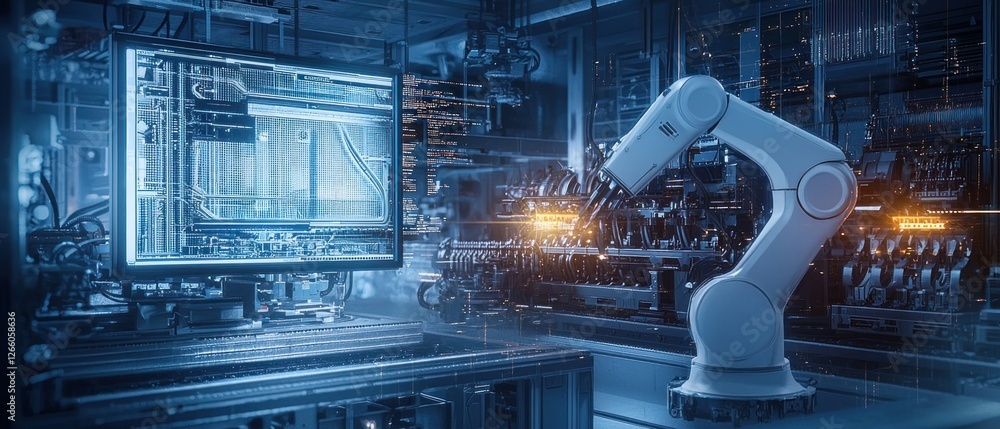 Poster robotic arm and computer screen in a futuristic industrial setting