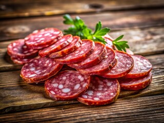 Obraz premium Rustic Wooden Tabletop with Sliced Salami - Close-up Food Photography
