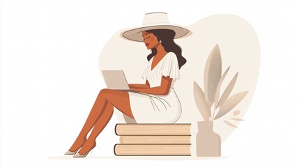 Elegant Woman in Dress and Hat Seated on Books and Working on Laptop