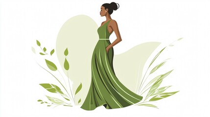Fashionable Woman Standing in Green Long Dress Vector