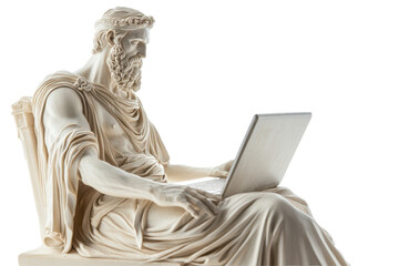 Isolated Sculpture of a Bearded Man Using a Laptop