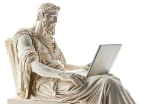 Isolated Sculpture of a Bearded Man Using a Laptop