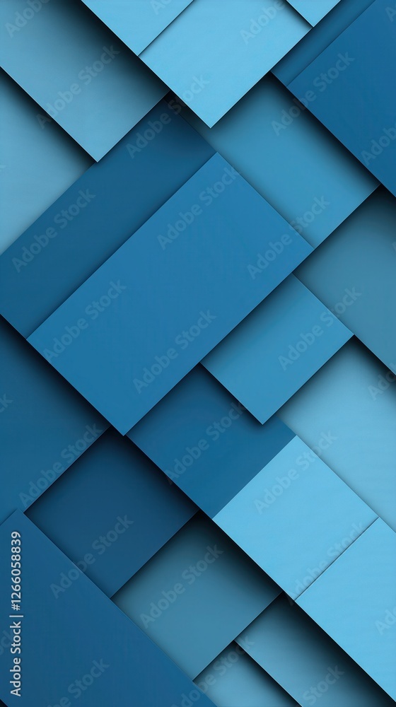 Poster geometric blue shapes layering dynamically, generating contemporary abstract composition with soft s