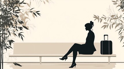 Female Traveler with Luggage Waiting at Minimalist Airport Terminal