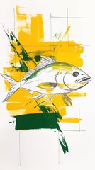 Abstract greater amberjack swimming dynamically over yellow green brushstrokes, rendering vivid marine movement with artistic visual energy