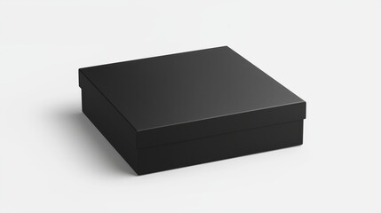 Fototapeta premium Black square box positioned on pristine white surface, presenting clean minimalist design for product packaging or visual concept presentation