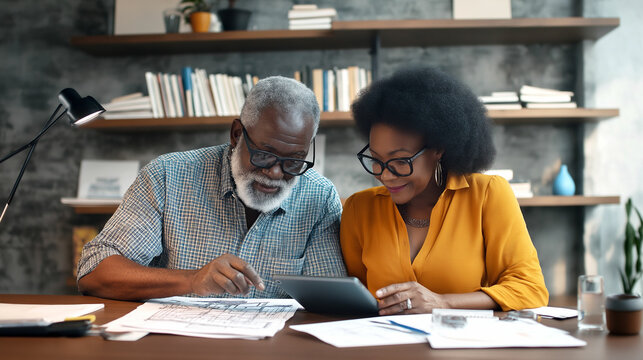 Couple engaged in discussion while reviewing plans on a tablet in a cozy home office setting. Generative AI - Powered by Adobe