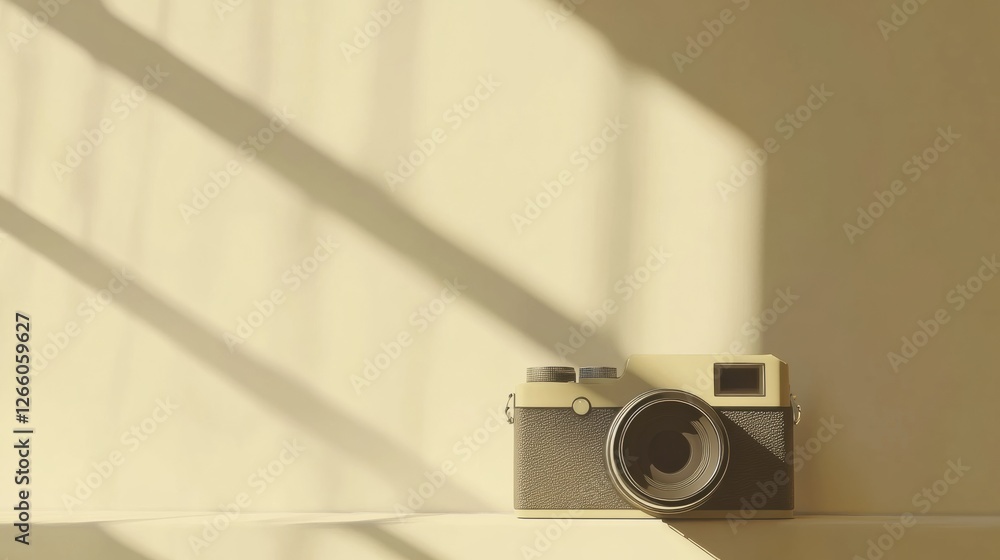 Poster vintage camera sits on a table as sunlight casts shadows in a warm, inviting space during afternoon 