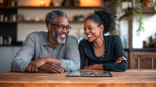 Couple enjoying a joyful conversation at a cozy kitchen table during afternoon light. Generative AI
