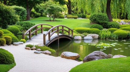 Fototapeta premium Serene Japanese garden with a wooden bridge over a tranquil pond surrounded by lush greenery