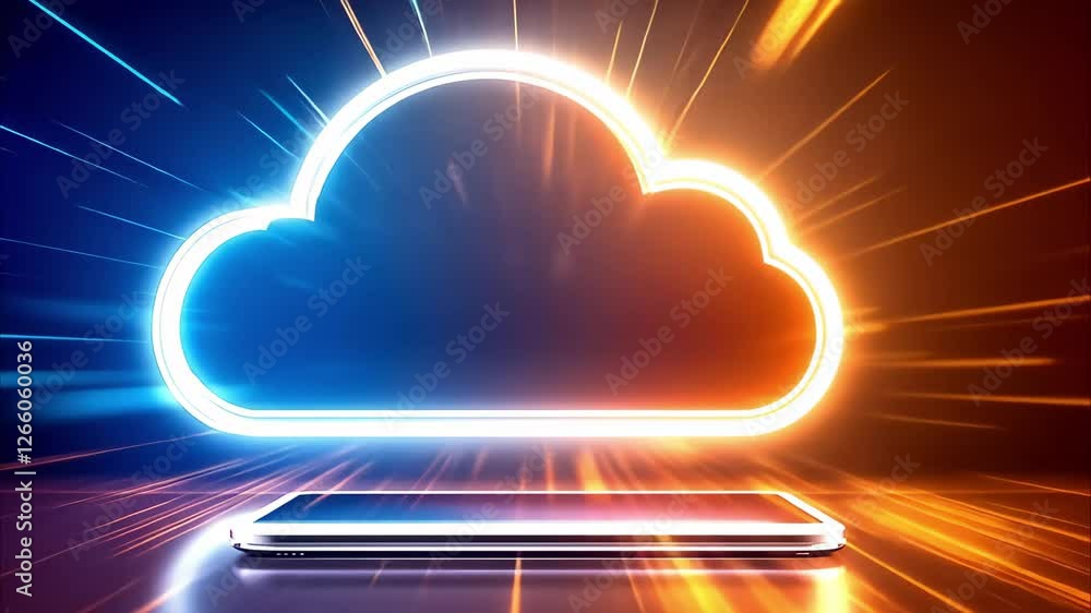 Poster a digital representation of a cloud with light effects, suggesting cloud storage and connectivity wi