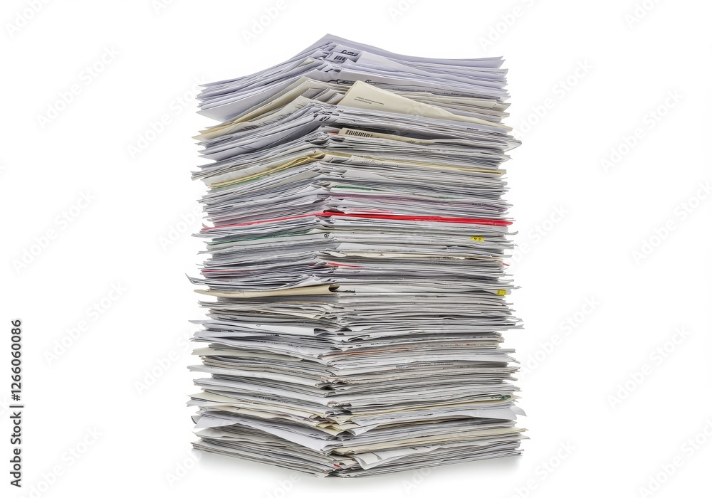 Aufkleber a tall stack of various papers and files in disorganized piles isolated on a white background