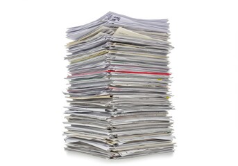 A tall stack of various papers and files in disorganized piles isolated on a white background