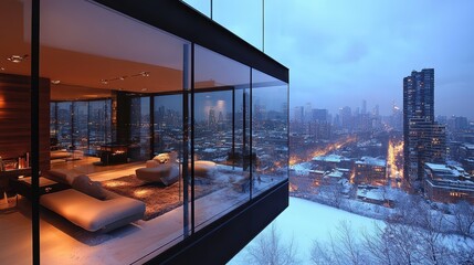 Obraz premium Modern home boasts a captivating view of the cityscape during winter