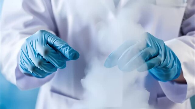 A person in gloves is handling a white, smoky substance, likely indicating the use of liquid nitrogen in a laboratory setting.