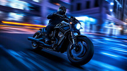 Midnight Velocity: Black Motorcycle Racing Through Neon City Streets
