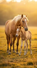 Fototapeta premium Adorable Baby Horse with Mother in Pasture – Heartwarming Bond Between Mare and Foal in Natural Setting