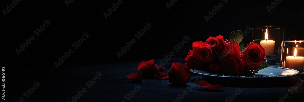 Aufkleber romantic setting with red roses and candles creating a warm ambiance during an evening celebration. 