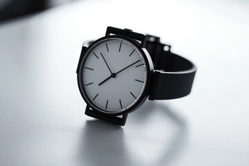A minimalist watch placed on a smooth white surface