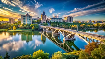 Obraz premium Saskatoon Skyline Bridge Saskatchewan River Panoramic View