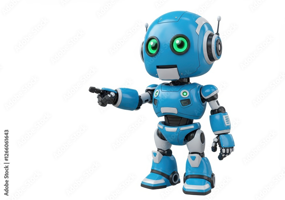 Poster cute robot with a futuristic design standing upright and pointing isolated on white background