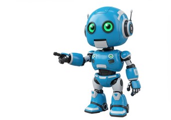 Cute robot with a futuristic design standing upright and pointing isolated on white background