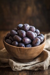 Obraz premium Photorealistic bowl filled with luscious, dark dates on rustic backdrop