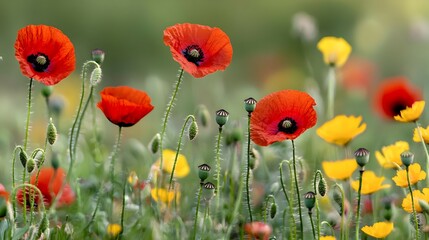 Red And Yellow Poppies In A Field